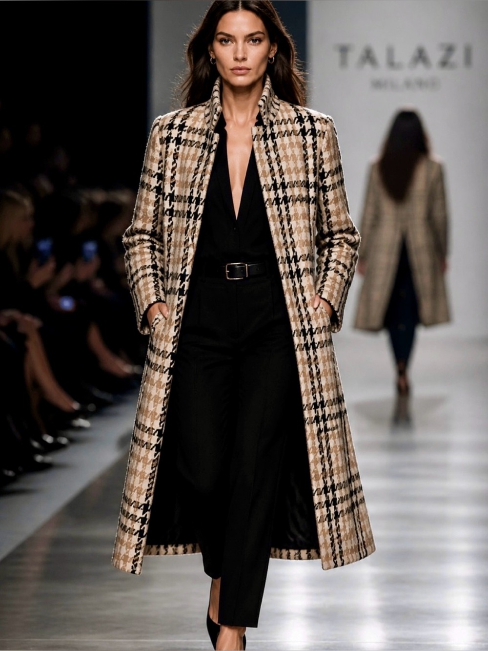 Tahari Black Camel tweeted Houndstooth Trench Coat